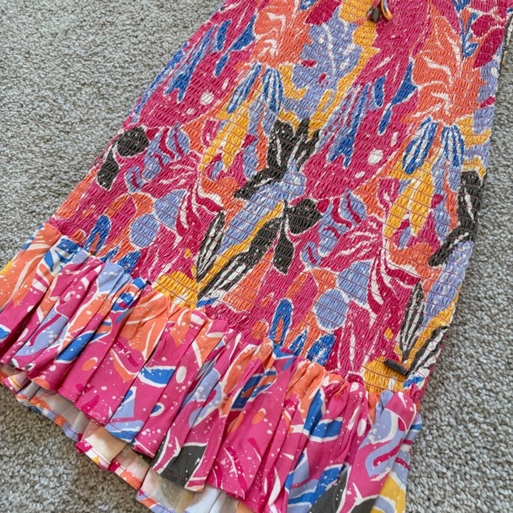 Maaji Clarissa Mini Dress Womens S Pink Tropical Ruched Smocked Resort Vacation - Picture 3 of 7